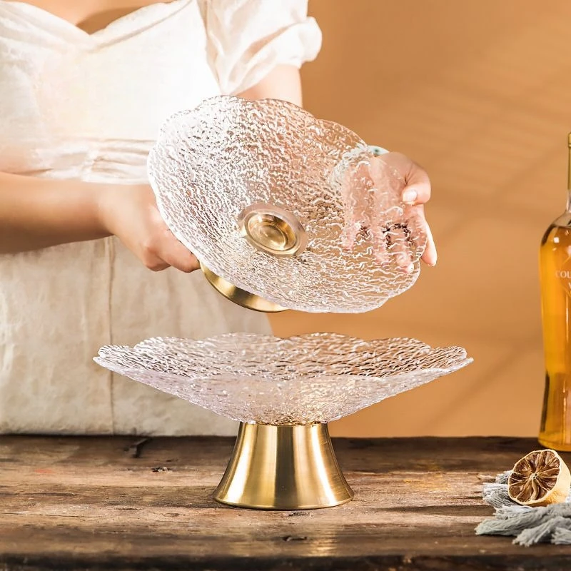 Light luxury high-legged glass fruit plate, brass base fruit plate, storage ornaments, ice pattern tableware storage 1PC