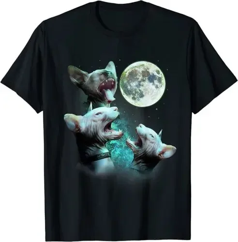 

NEW LIMITED Three Hairless Sphynx Cats Howl At Moon 3 Wolfs Funny Parody T-Shirt