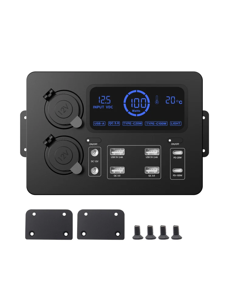 Mini Power Box, 12V 100W LCD Display Power Box with LED Lights, USB-C & QC3.0 Ports, Portable Control Hub for RVs, SUVs, Boats