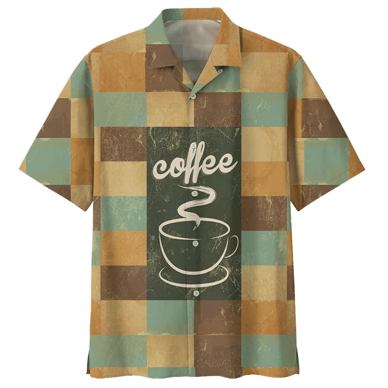 Coffee Lovers Pattern Hawaiian Shirt For Men Retro 3D Printed Short Sleeves Lapel Oversized Shirts Summer Street Button Blouses