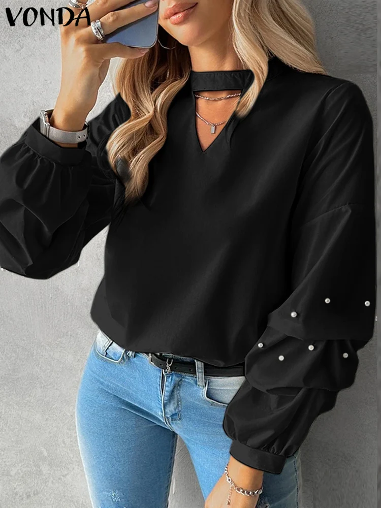 Elegant Long Sleeve Blouses Women Ruffled Tops 2024 VONDA Casual Solid Color Blusas Female Stand Collar Shirts Oversized Tunics