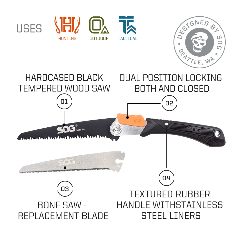 SOG Folding Saw Woodsaw Portable Hand tools Woodworking with 8.25-inch detachable blades compact Outdoor Camping Equipment-F11BN