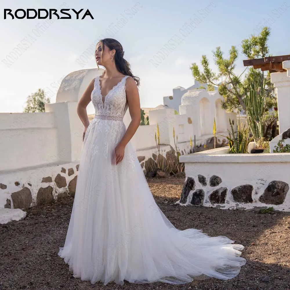 Roddsya Beach sin mangas vestido de novia V cuello sin espalda aRODDRSYA-vestidos de novia sin mangas para playa, traje de novia con cuello en V, Espalda descubierta, corte en A, Apliques de encaje de tul bohemio, 2023