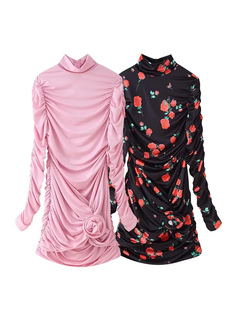 HH المرأة الصيف أزياء خمر طويلة الأكمام 3D زهرة الزخرفية حزب فستان قصير الإناث مطوي سليم مطبوعة فستان مثير #6