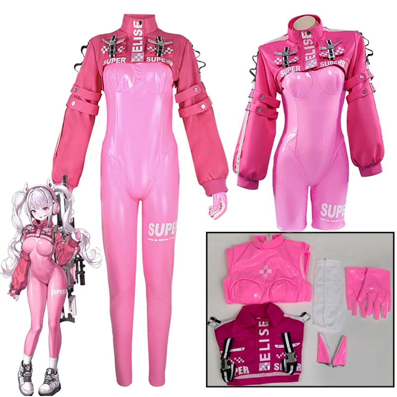 Anime Alice Cosplay Nikke Cosplay Kostüm Rosa PU Sexy Overall Set Jacke Hairwear Halloween Kostüm für Frauen