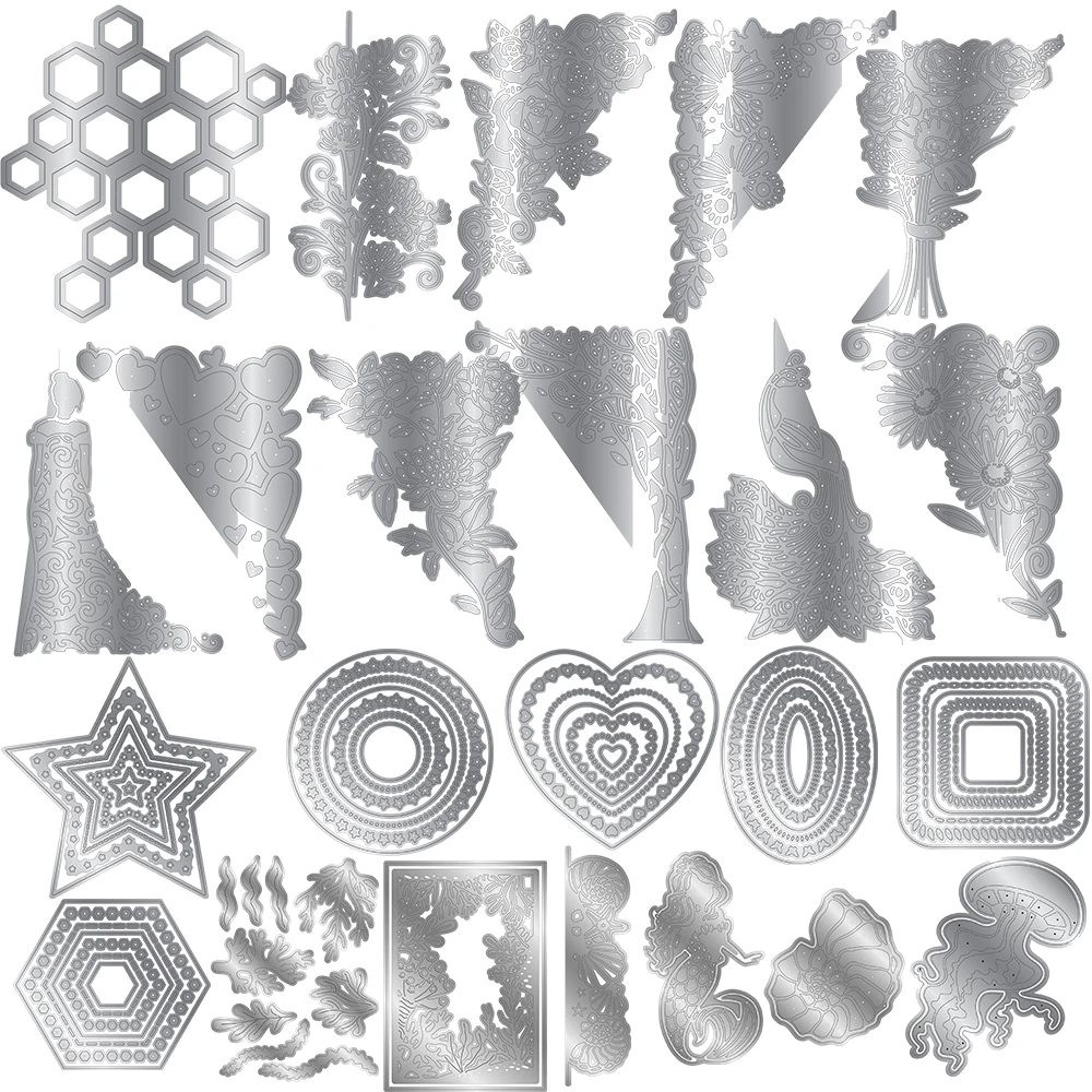 Rose Butterfly Corner Edgeable Star Circle Hexagon Nesting Ocean Cutting Dies Craft Card Making DIY Scrapbooking Stencil 2024