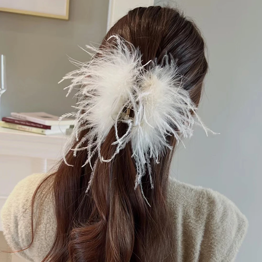 Large Ostrich Feather Hair Clips Women Ladies Elegant  Black White Feather HairpinsWinter Clamps Claw Shark Clip Headwear Pin