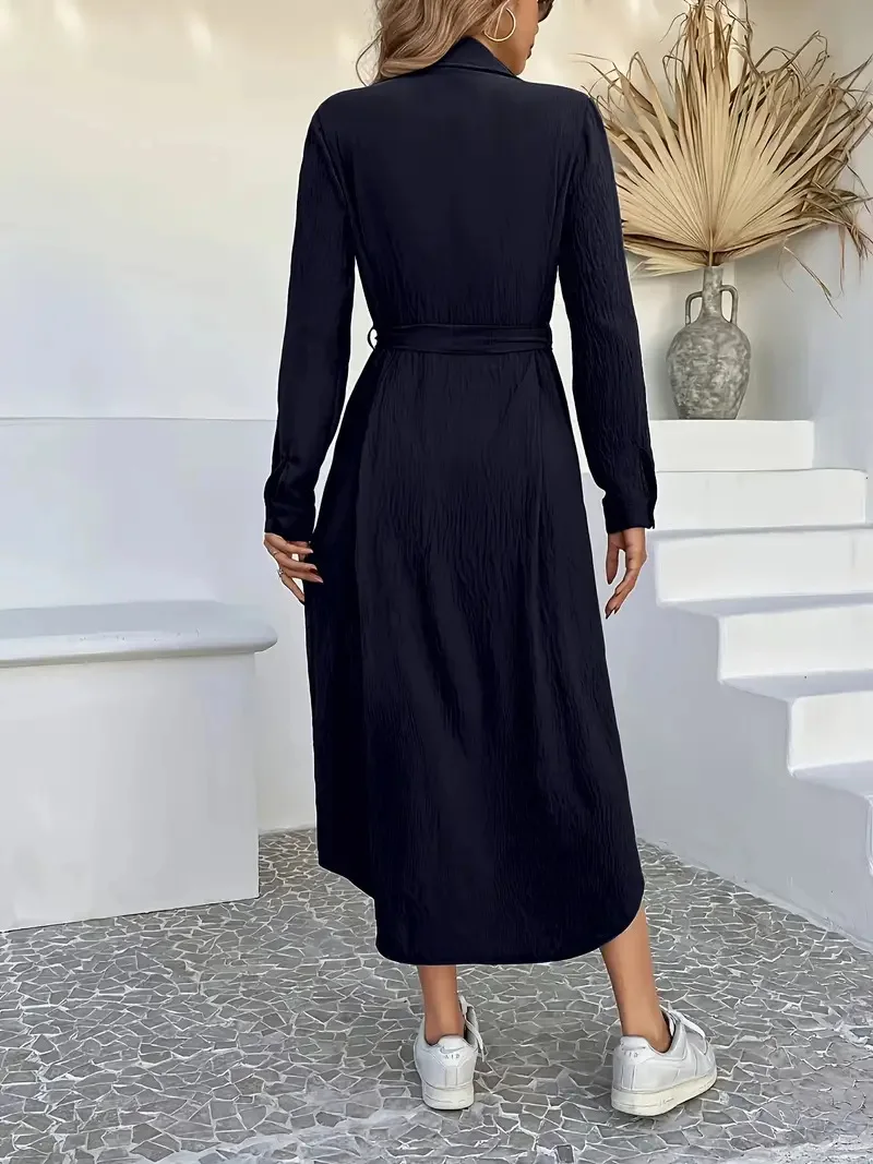 Elegancka, modna sukienka damska w jednolitym kolorze, sznurowana w talii, model na jesień 2025, nowość.