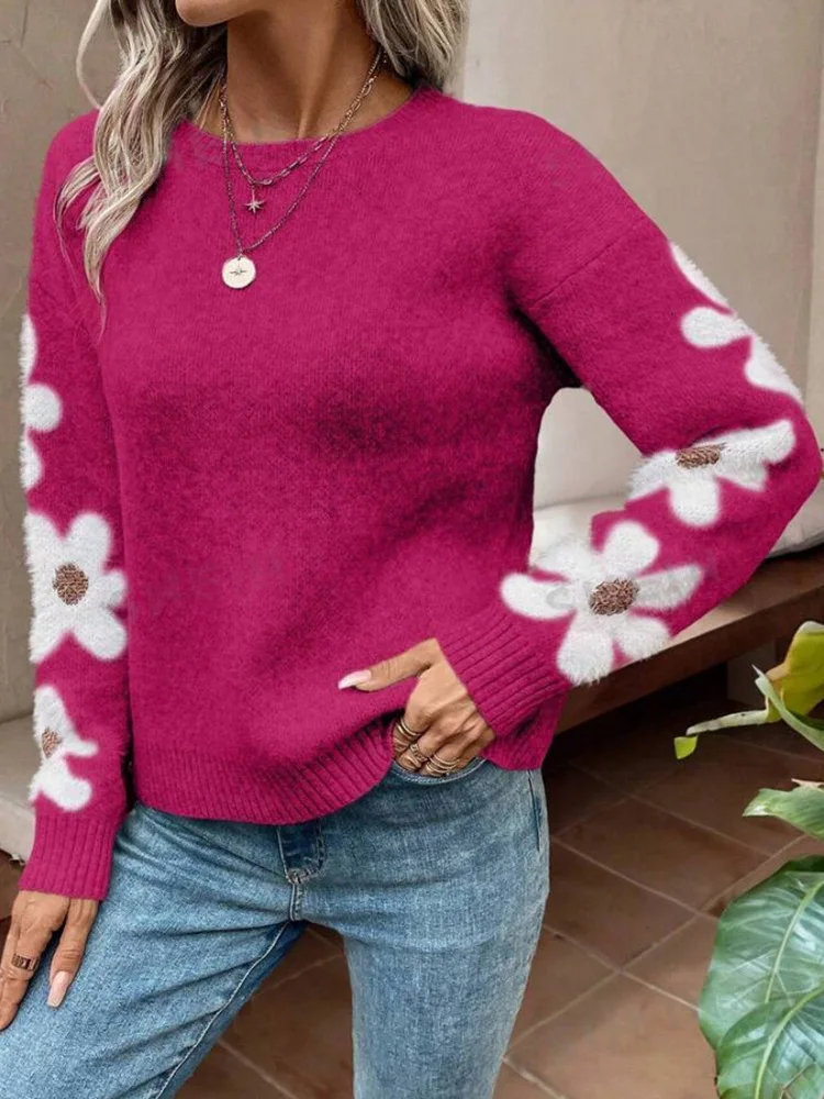 2024 Flower Sweater Women Fashion Round Neck Printed Long Sleeve Knitted Pullover Popular Top Autumn Winter Sweaters