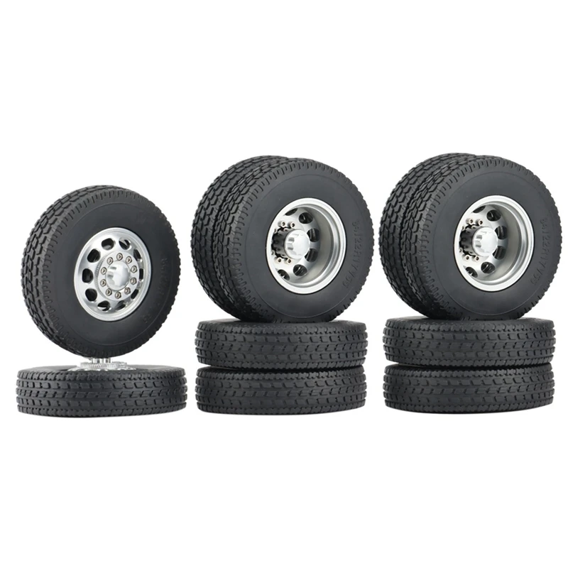 6PCS Metal Front & Rear Wheel Hub Rubber Tire Wheel Tyres Complete Set For 1/14 Tamiya RC Trailer Tractor Truck Car