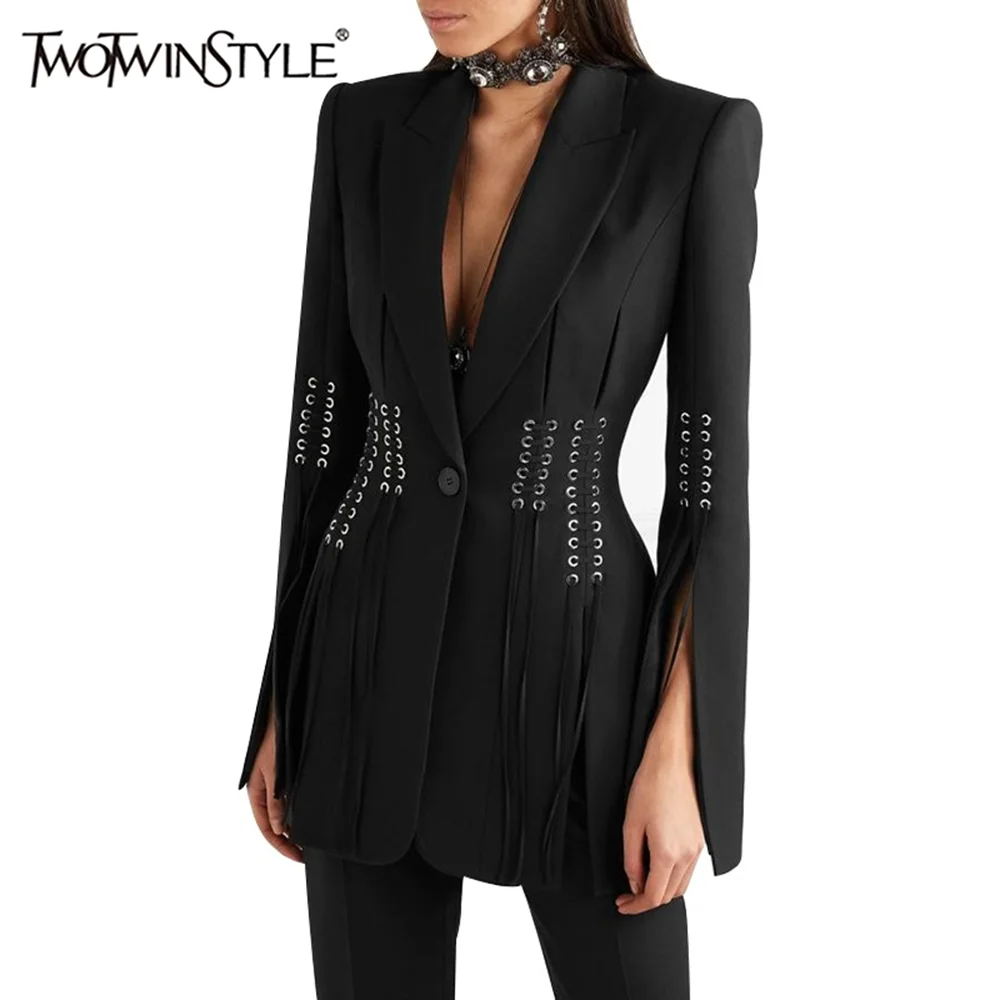 

TWOTWINSTYLE Solid Temperament Blazer For Women Lapel Long Sleeve Patchwork Button Split Designer Blazers Female Fashion Clothes