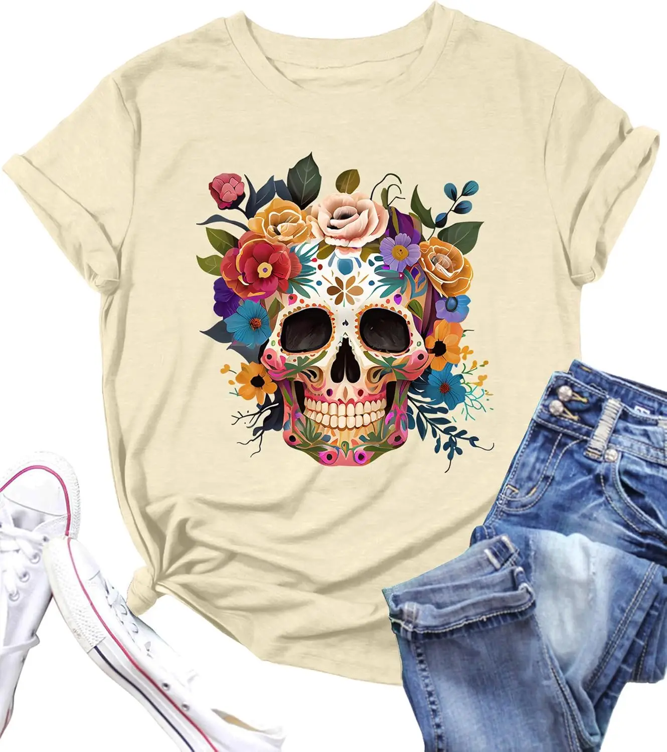 Dia De Los Muertos Shirt Women Funny Day of The Dead Skulls T-Shirt Fall Sugar Skull Garphic Tees Spooky Season Tops