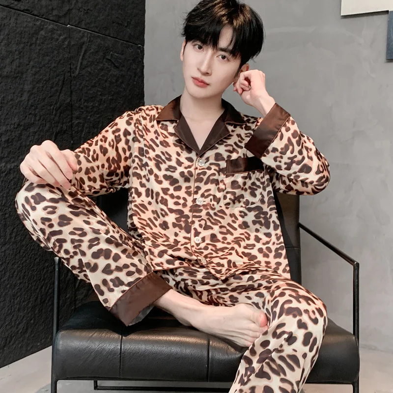 26 Spring Autumn Fashion Leopard Print Causal Men's Pajamas Unisex Luxury Homewear Long Sleeve Pants 2piece Set Nightgown