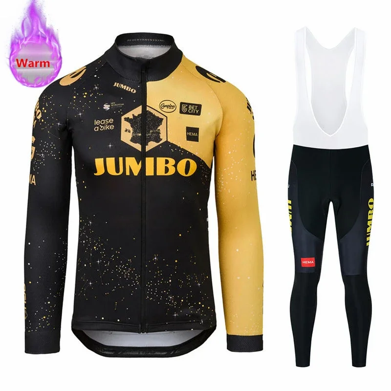 Jumbo Team Winter Long Sleeve Thermal Fleece Cycling Jersey Set Bib Pants Ropa Ciclismo Bicycle Clothing MTB Bike Jersey Uniform