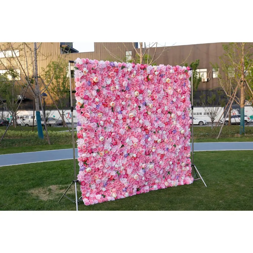 High Quality 8x8 Roll Up Silk Floral Panel Custom 3D/5D Pink Artificial Rose Flower Wall Backdrop Wedding Decoration Background