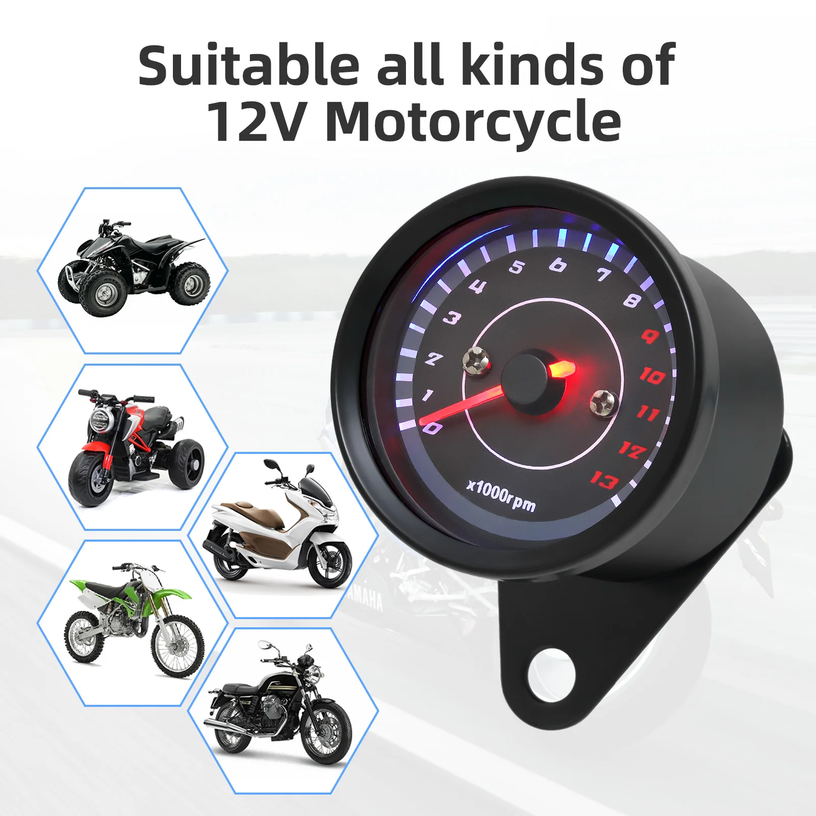 12 فولت دراجة نارية مقياس سرعة الدوران العالمي LED الإلكترونية تاش مقياس Motobike ملحقات الآلات الإلكترونية مقياس سرعة الدوران 13000 دورة في الدقيقة