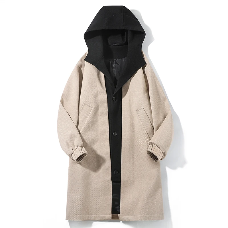 Mens Hooded Trench Coat 2025 Autumn Winter New Style Mid Long Single Breasted Color Block Design New Hot Sale Fashion Outerwear