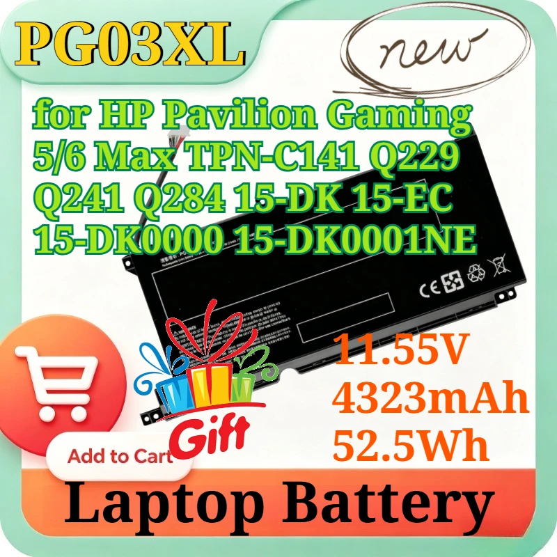 

PG03XL 11.55V 4323mAh 52.5Wh Li-ion Battery for HP Pavilion Gaming 5/6 Max TPN-C141 Q229 Q241 15-DK 15-EC 15-DK0000 15-DK0001NE