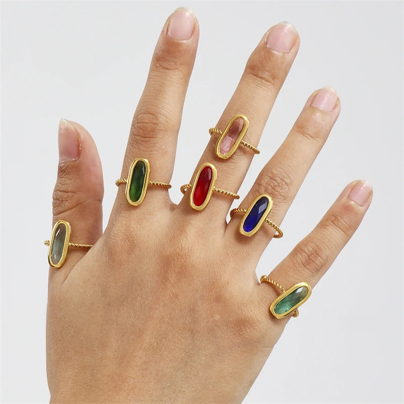 

Ourfuno Minimalist Glass Stone Rings For Women Elegant Stainless Steel Party Wedding Rings Simple Fashion Jewelry Birthday Gift