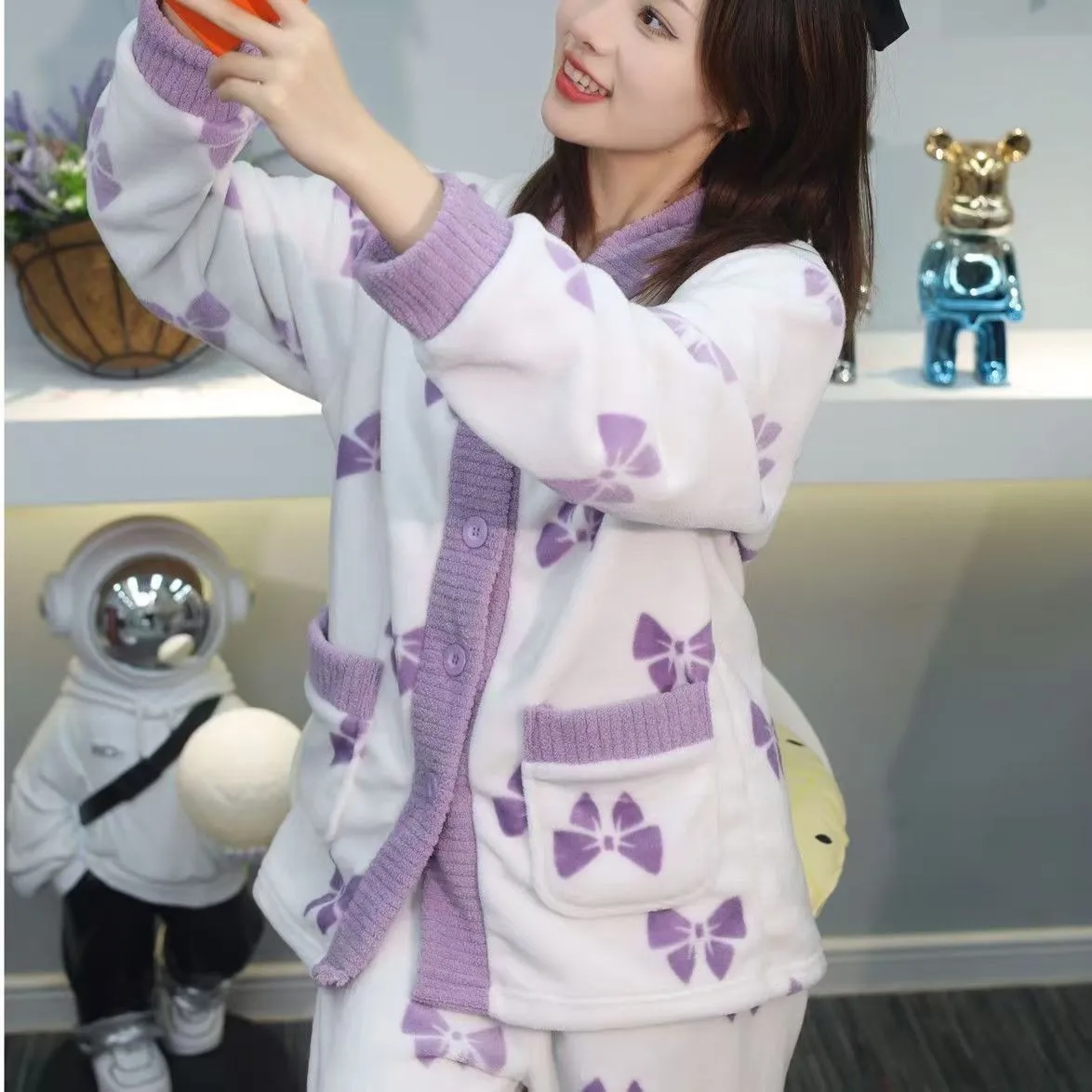 두꺼운 따뜻한 산호 벨벳 잠옷 여성용 가을 겨울 만화 곰 스트라이프 북극 벨벳 학생용 잠옷 홈웨어