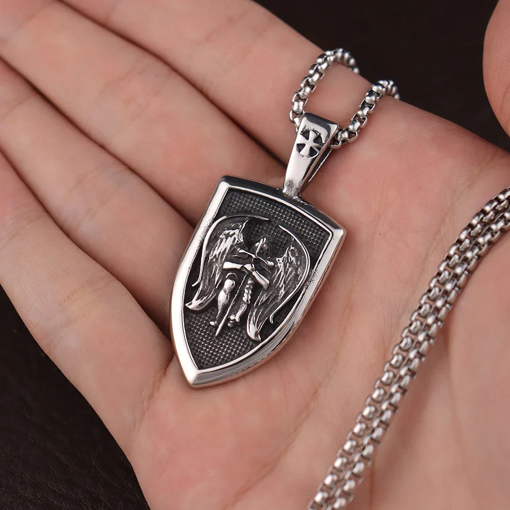 Stainless Steel Retro Ancient Greek God of War Pendant Chain Angel Saint Michael Necklace Men's  Belief Knight Jewelry Wholesale