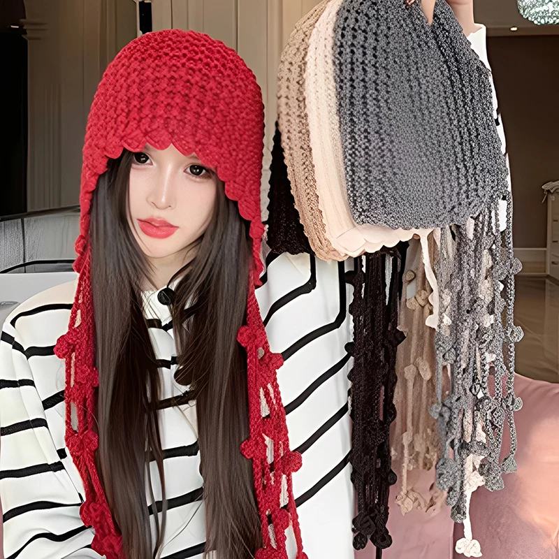 Super Soft Knitted Hat Autumn Winter Warm Handmade Tassel Ball Red Ear Protection Strap Hat Trendy Hollow Bag Hats Ethnic Style
