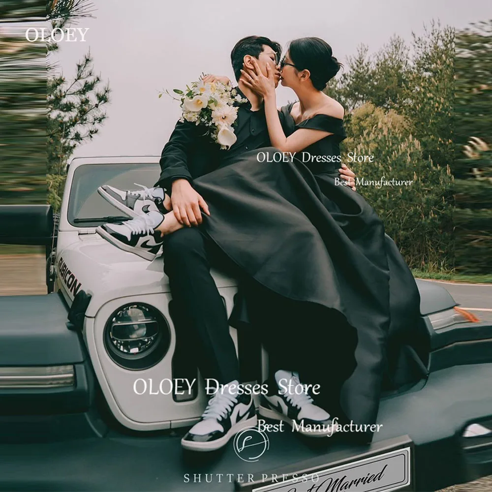 

OLOEY Sexy Off Shoulder Black Evening Dresses Korea Photoshoot Sleeves Floor Length Prom Gowns Formal Party Dress Corset Back