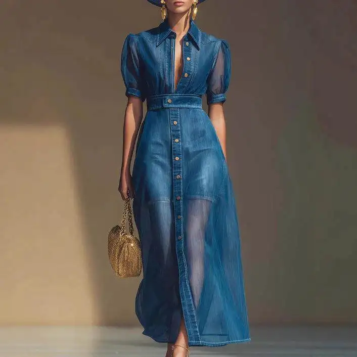 

Fashionable V-Neck Short Sleeve Outerwear with Front Button Design in Chiffon Blue Denim Long Skirt Elegant Independent Station