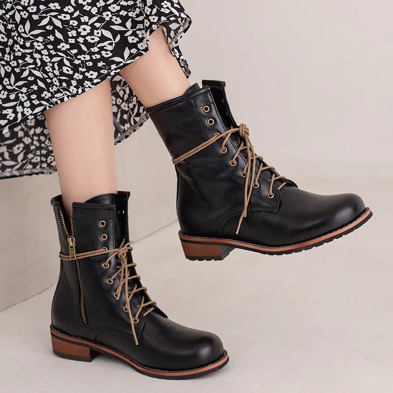 

Boots Big Size Shoes Woman Winter Footwear Round Toe Large Size Low Ankle 2022 Rubber Autumn Ladies Rock Flock PU Riding Solid