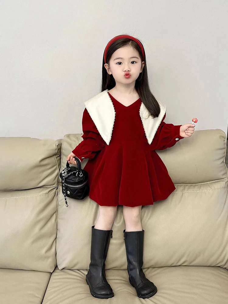 Childrens Clothing Girl Plush Velvet Dress 2023 Winter New Childrens Christmas Dress Baby Flower Bud Skirt