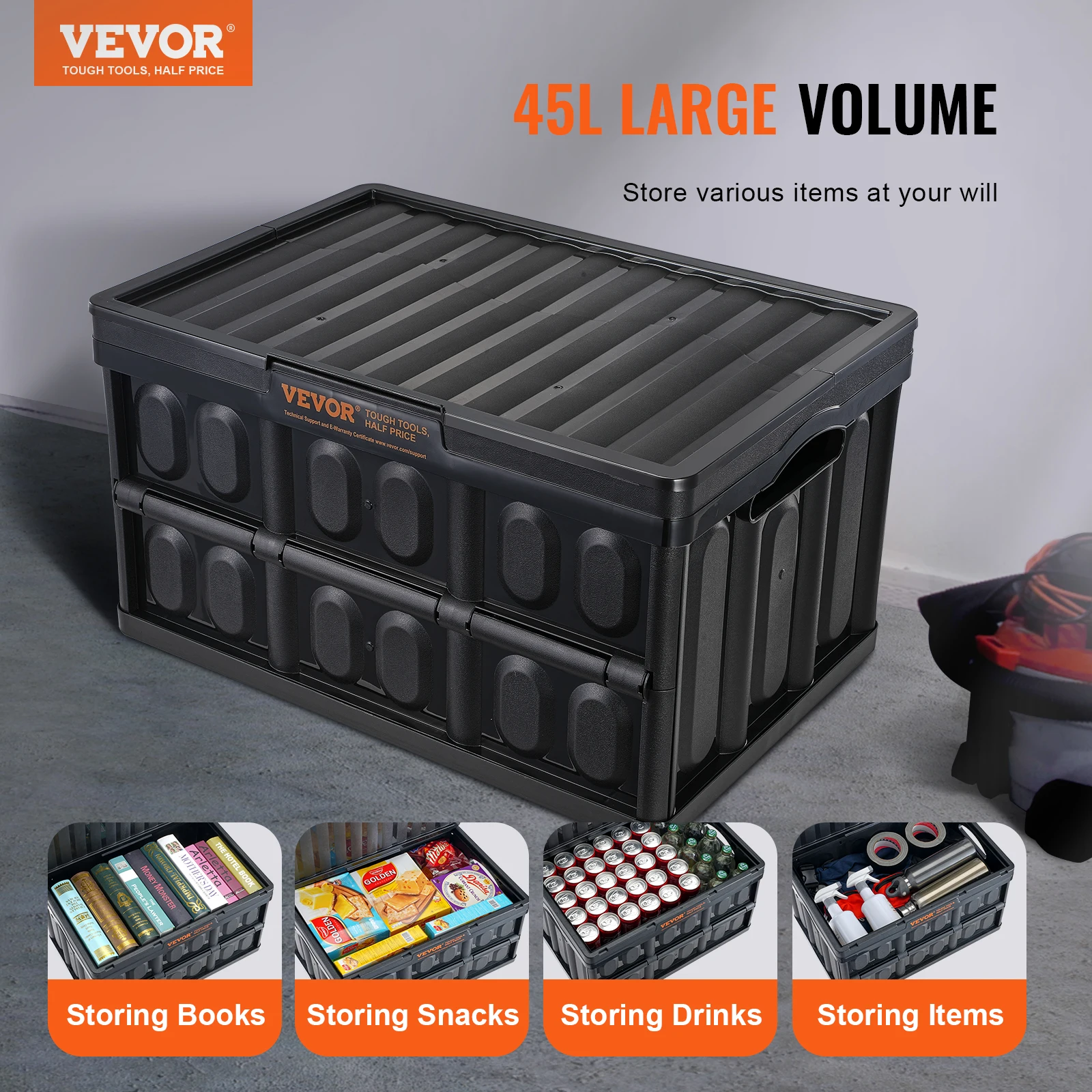 VEVOR 45L/65L Collapsible Storage Bins Folding Stackable Utility Garage Crates with Lids Handles for Clothes Snack Toys Grocery