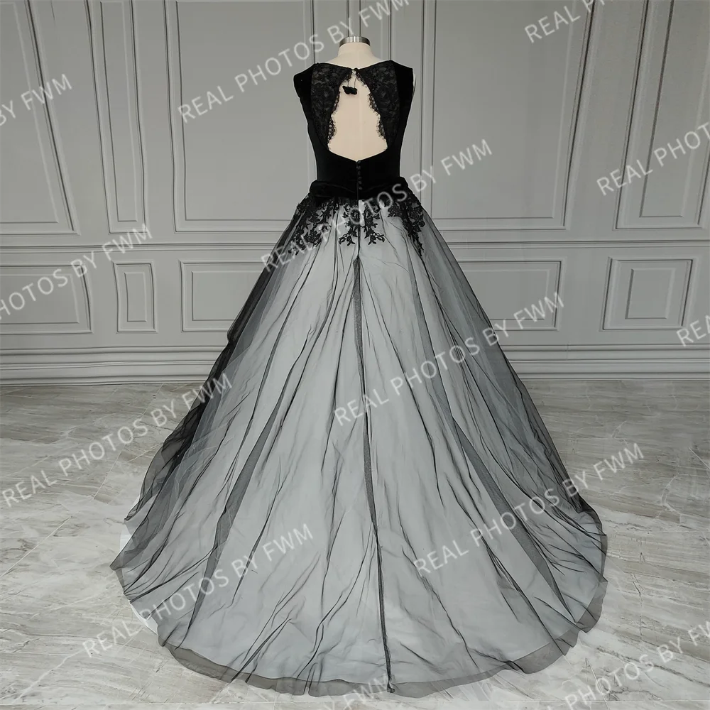 15448# Customzied Black Square Collar Appliques Beading Tulle Low Back A-line Wedding Dress Bridal Gown For Women Gothic Style