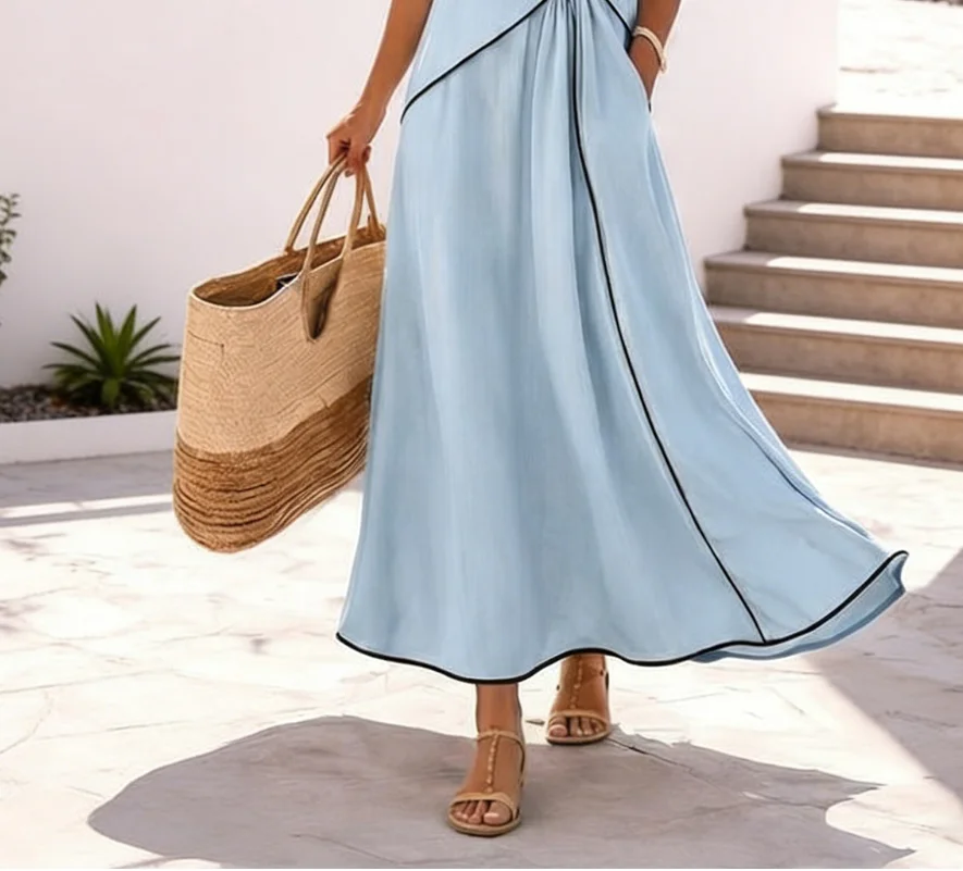 

Elegant Striped Print Short Sleeve Woman Dress Maxi Dress Short Sleeve V Neck A Line Swing Dress Casual Beach Vacation Flowy Sun