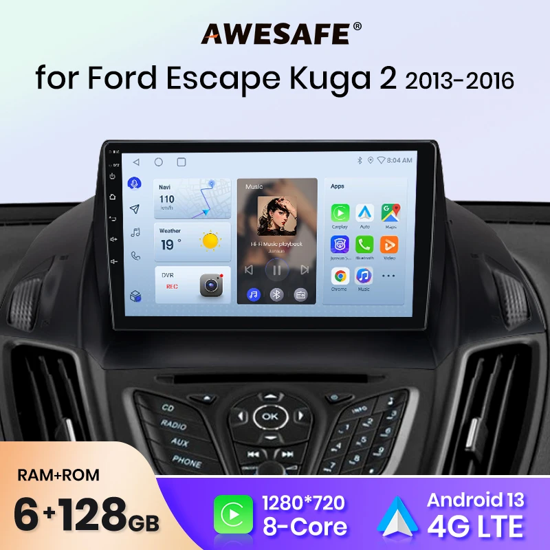 AWESAFE Android 13 Auto Radio for Ford Escape Kuga 2 2013 2014-2016 Wireless CarPlay Multimedia Screen stereo GPS 2din DSP RDS