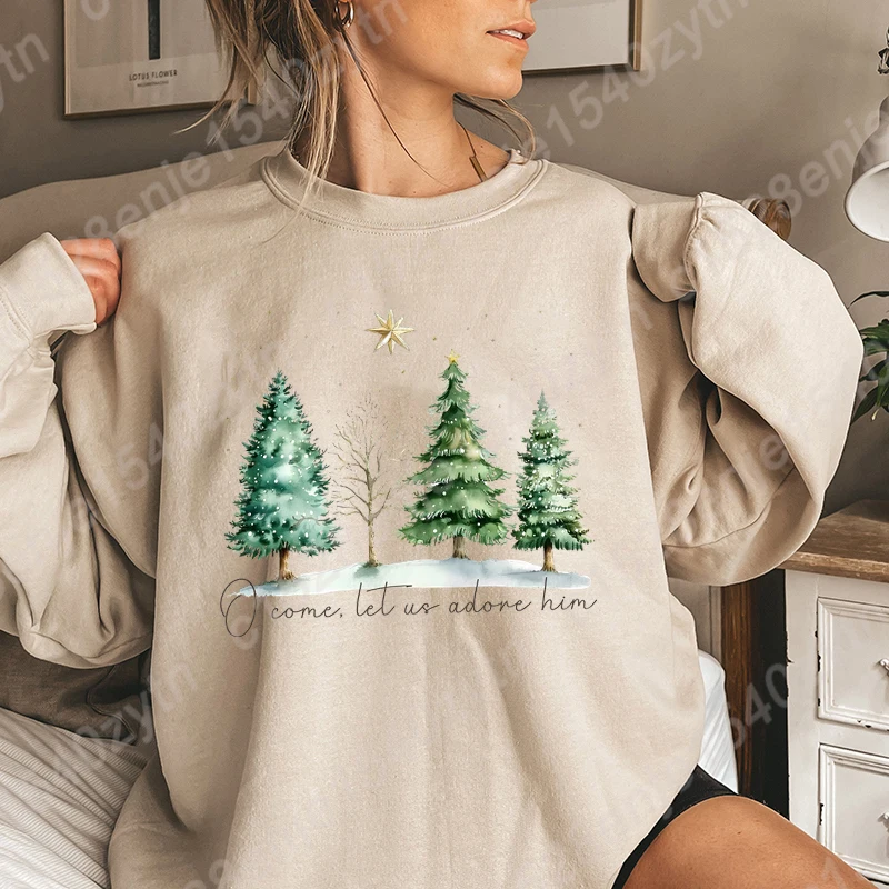 Christmas Sweatshirts, O Come Let Us Adore Him Print Sweatshirt, Christian Holiday Sweatshirts for Women, Women Xmas Pullovers