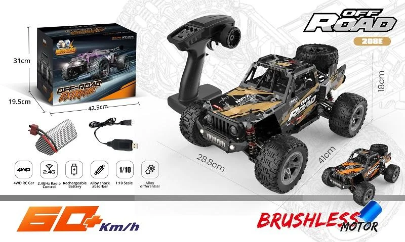 208E 1/10 스케일 4WD 브러시리스 RC 자동차 원격 제어 장난감 2.4G 브러시리스 원격 제어 자동차 14세 이상 성인 및 어린이용 장난감