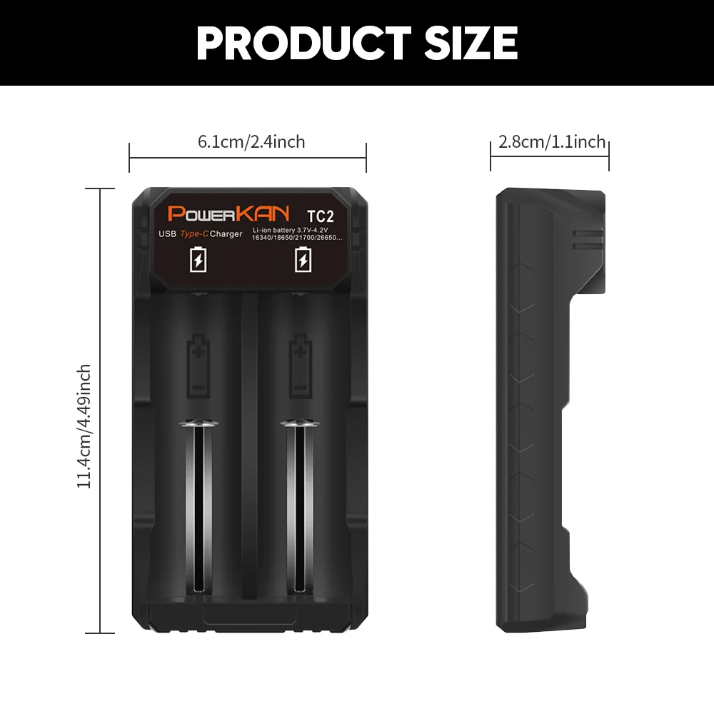 Powerkan TC2 Battery Charger 2 Slot 3.6V 3.7V Lithium 10400 14500 16340 18650 21700 26700 RCR Batteries Smart Type C Charing