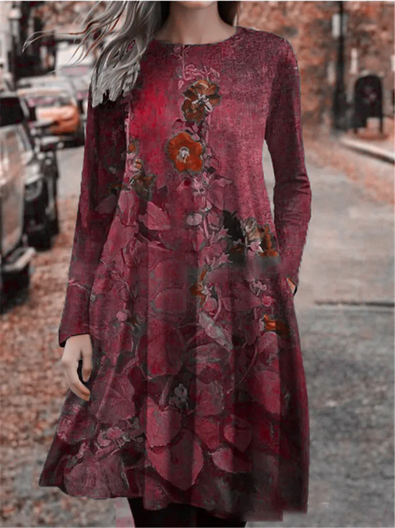 

All Season Retro Floral Women Mini Dresses Long Sleeve 3D Printed Street Female Dress 3XL Plus Size Loose Casaul Dress