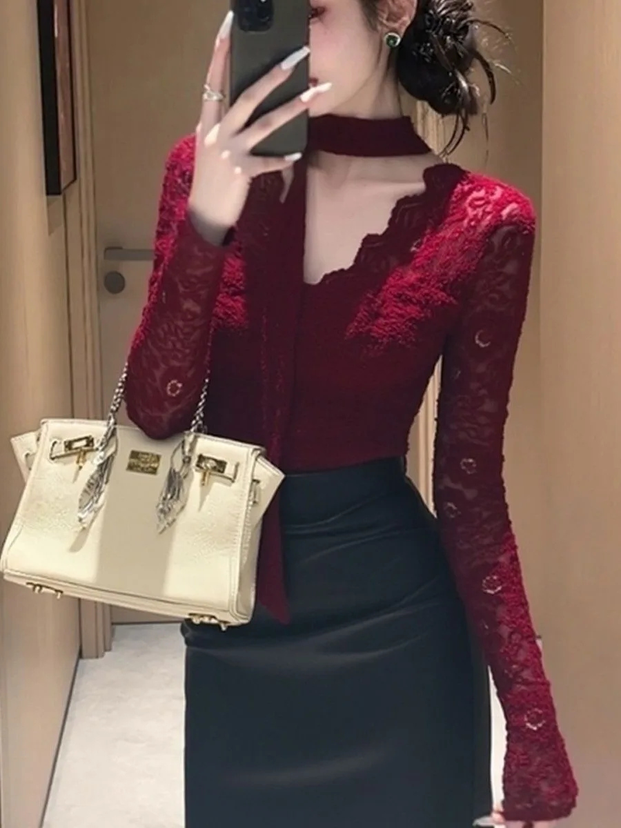 

Faionable осень-зима винно-красная кружевная блузка Irt Slim Fit V Ne Long Sve Commute Sle корейская версия Ele Ladylike Blouse