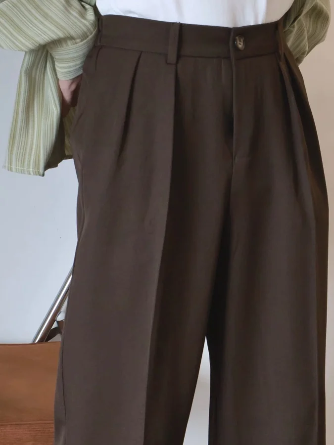 

American Sle Brown Workwear Men's Double Fold Design Loose Straight Leg Pants No Ironing Casual Suit Trousers Trendy