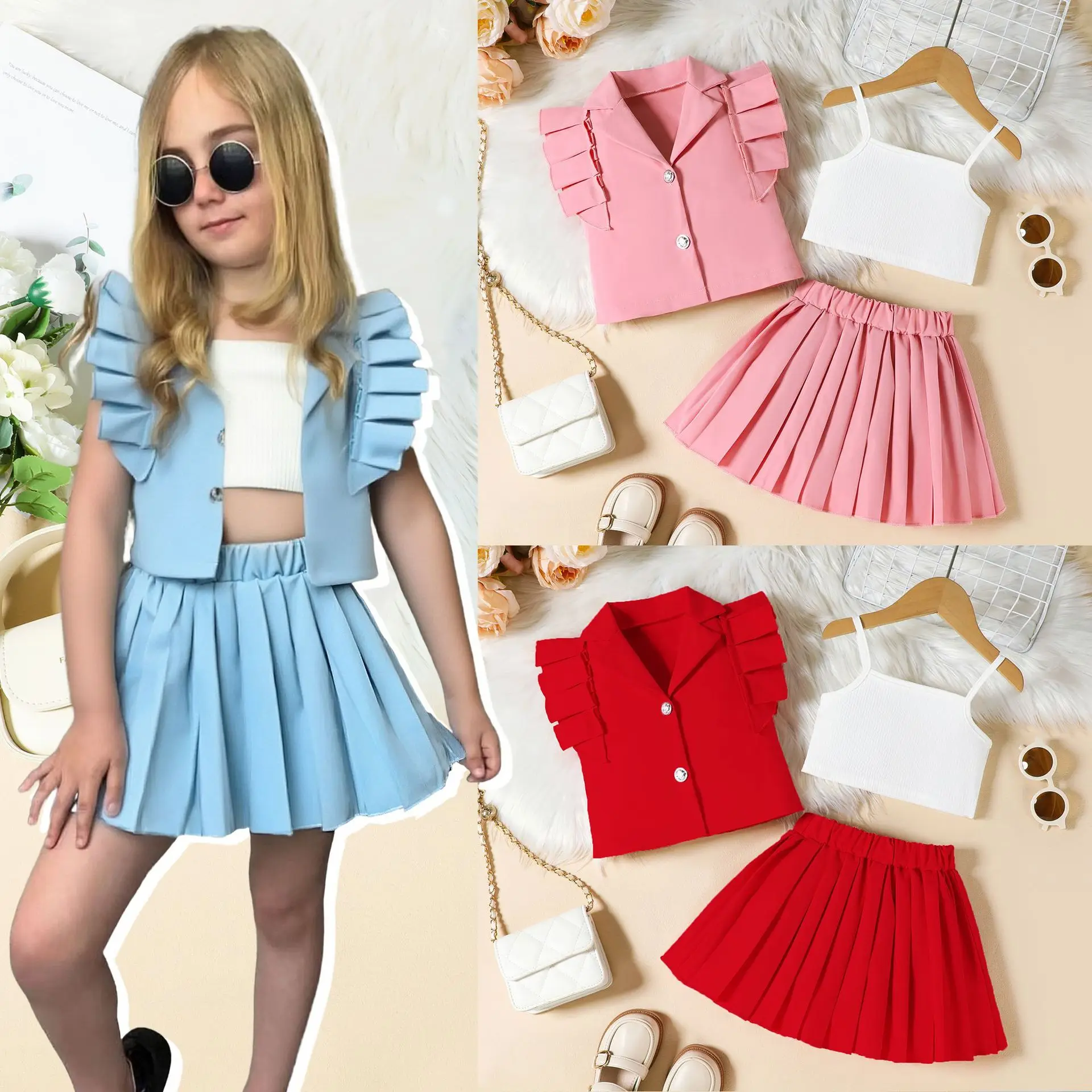 

Детская одежда для девочек, комплект из трех предметов, повседневная одежда, куртка с короткими рукавами, топ на бретелях и плиссированная юбка, одежда для малышей от 2 до 7 лет.