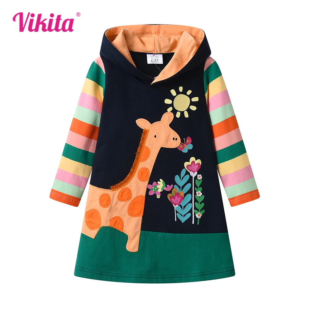 VIKITA Girls Giraffe Flower Embroidery Appliqued Straight Dress Kids Cotton Casual Striped Hooded Dresses Girl Thick Vestidos