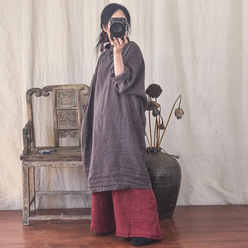 

Льняной халат ручной работы на весну-осень, свободный крой, с капюшоном, повседневный, летний, женский, модный, больших размеров