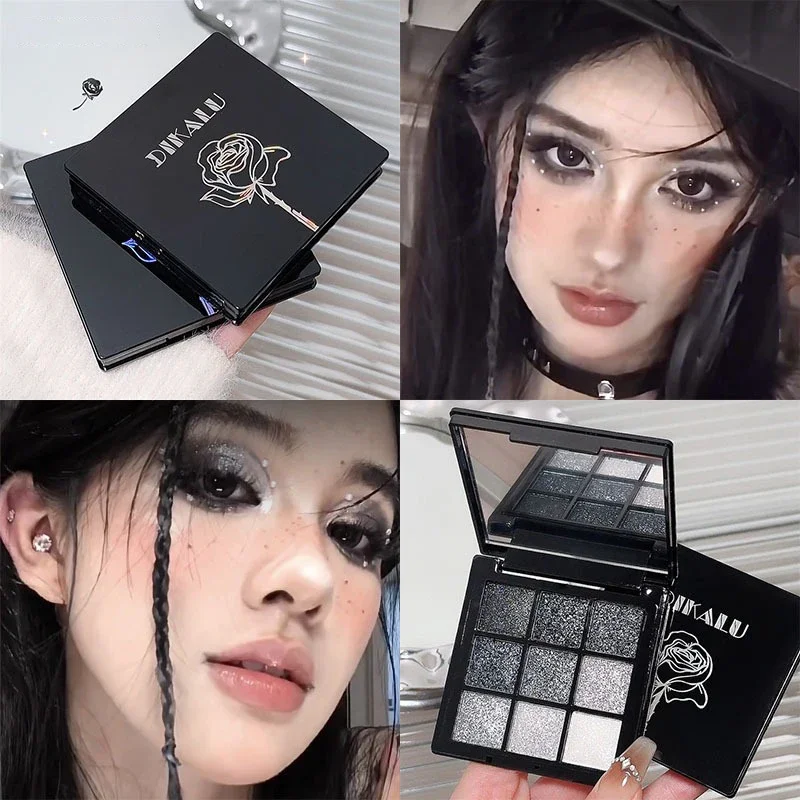 9-kleuren rokerig zwart rood oogschaduwpalet punk zoete coole oogschaduw blijvende glans ogen make-up donker geperste glitter oogschaduw