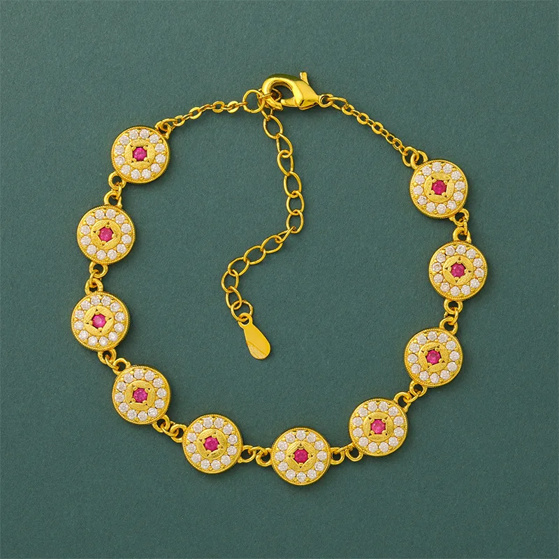 Traditional Chinese Style Ancient Gold Plated Bracelet Fuchsia Rhinestone Inlaid Round Coin Charm Lucky Blessing Wealth Drawing