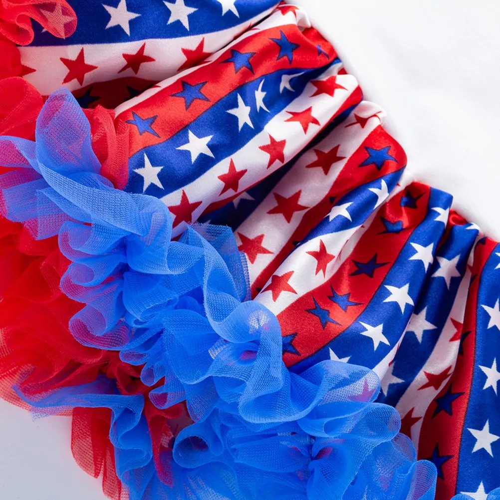 

12pcs Short Sleeve Lace Romper Printed Stars Stripes Tutu Dress Headband Baby Toddler Girl 4Th July Independence Day Party
