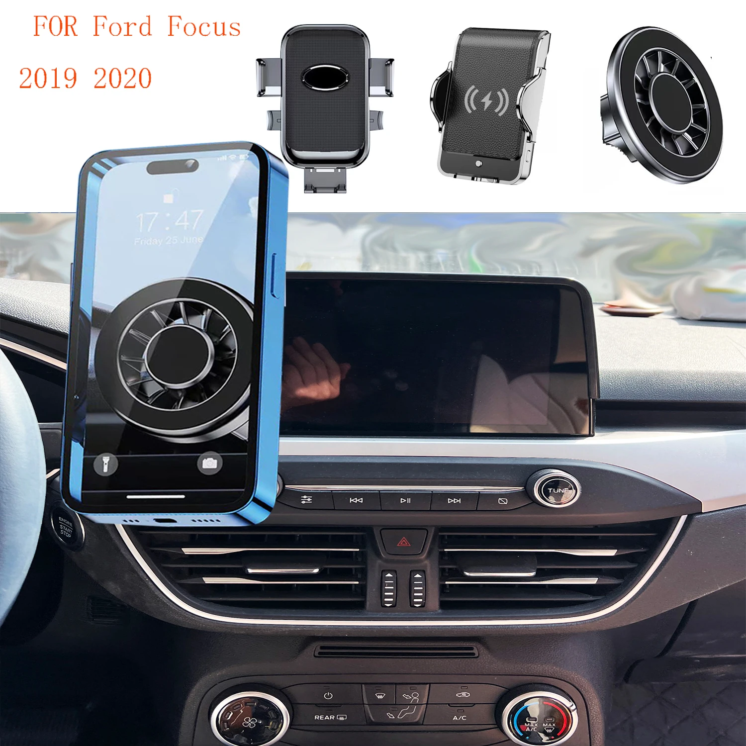 Car Phone Holder For Ford Focus 2019 2020 Magnetic GPS Screen Fixed Fast Wireless Charging Mobile Phone Mount Accessories