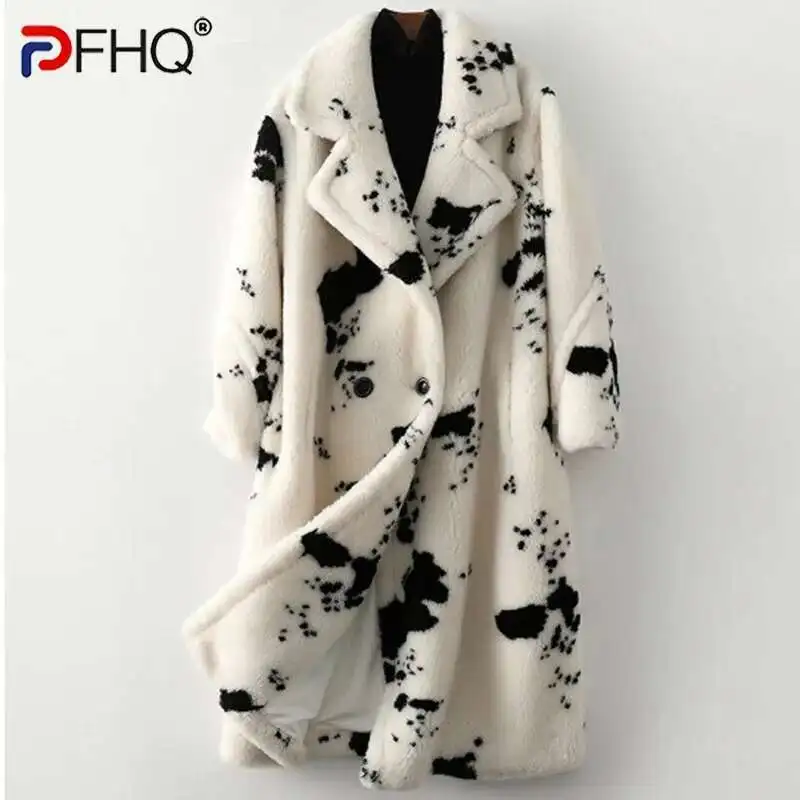 PFHQ Men Winter Warm Wool Fur Like Coat Sheep Sheared Loose Long Printed Fashion Casual Windbreaker Contrast Color 21Z7600