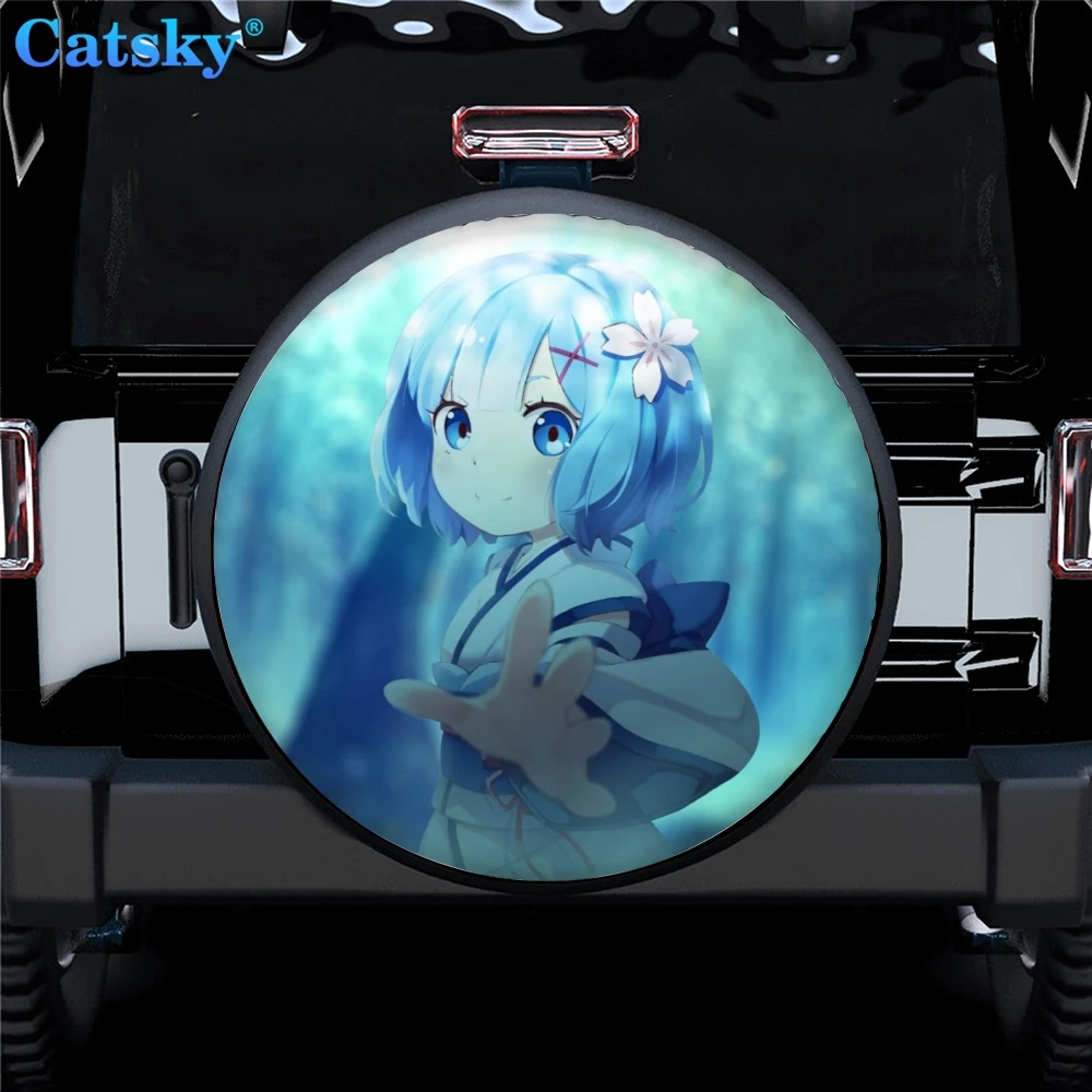 Japanese Anime Girl Re:Zero Blue Car Spare Tire Cover Wheel Protector Weatherproof Universal Tire Cover Spare Wheel Decoration