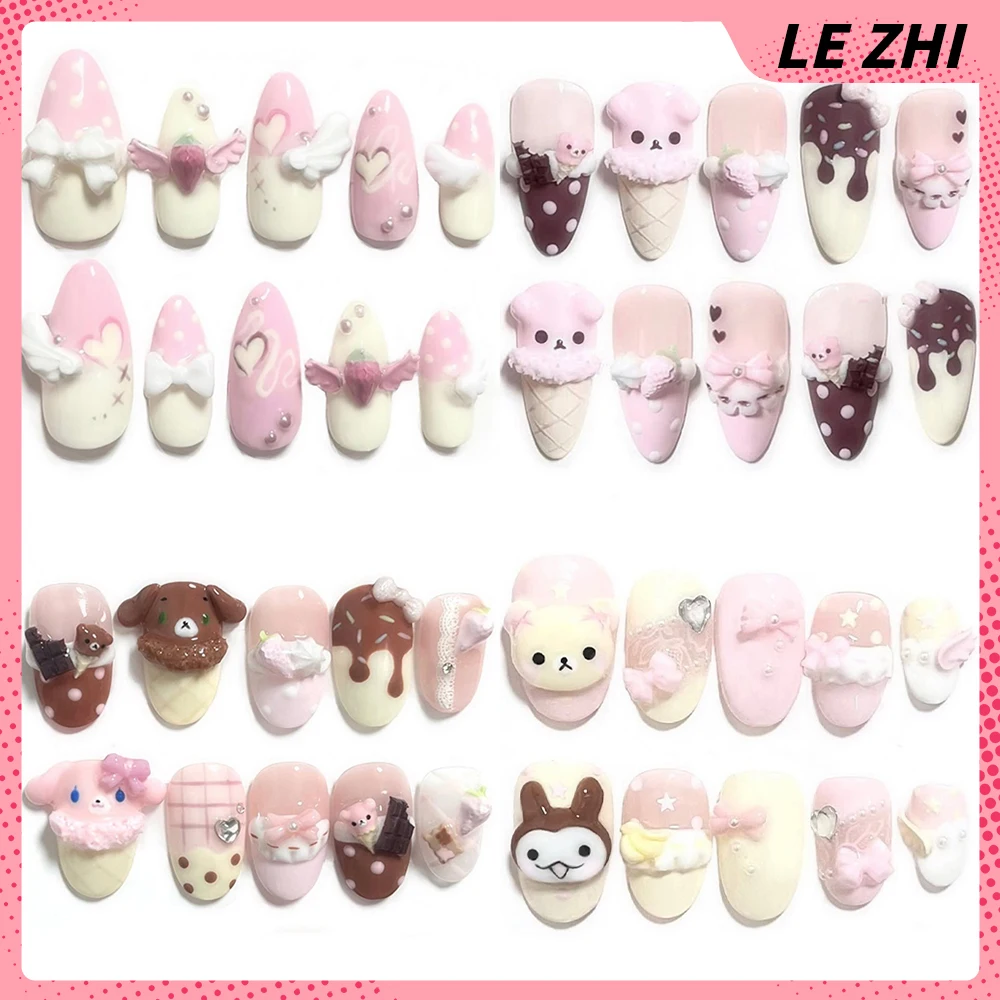 

Kawaii Anime My Melody Pochacco Long Almond Pink Handmade Press On Nails Four-Leaf Clover Pearl Star Bow Reusable False Nails